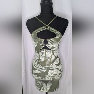 Oh Polly Sage Green Corset Cutout Mini Dress Jacquard Bodycon Size US 4